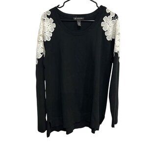 INC International Concepts Black Sweatshirt White Lace Floral Shoulder Size L